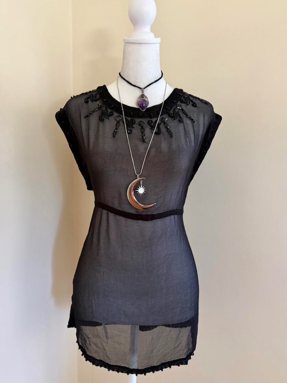 Vintage whimsygoth black sheer embroidered bead babydoll tunic top boho witch S